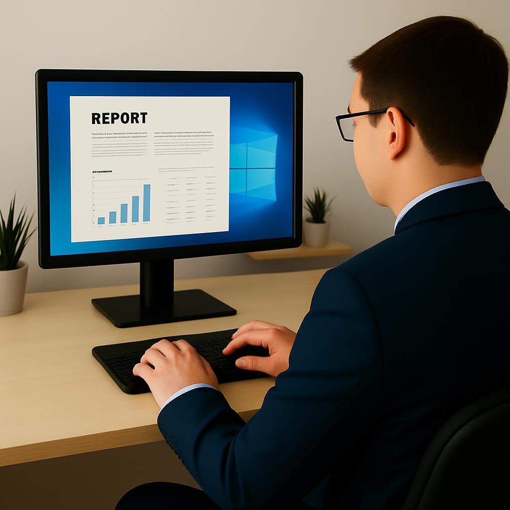 A computer monitor displaying a bar graph and the word "REPORT" in a business setting, with a man typing on a keyboard nea...