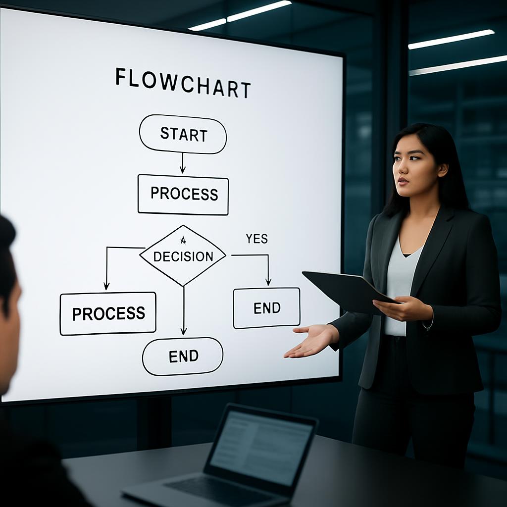 A flowchart on a screen presented by a person.