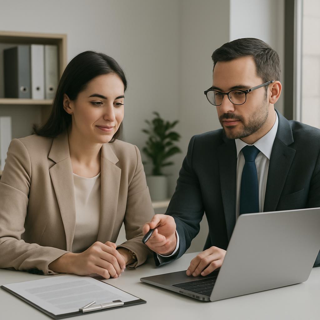 A smiling woman and dressed in business attire sits next to a man in a suit as he presents a document and laptop from his ...