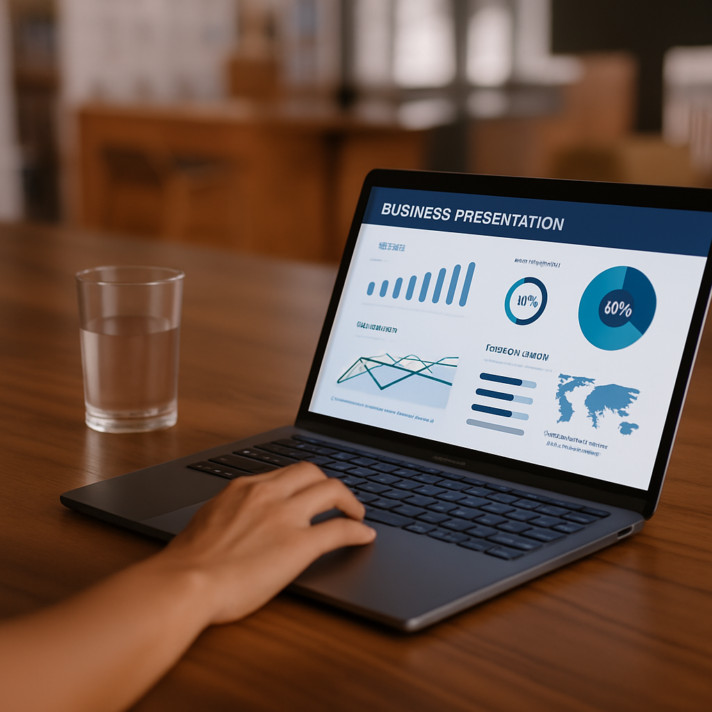 Person spending time at a wood-grain table, on a laptop attached to the right side of a presentation titled 'Business Pres...
