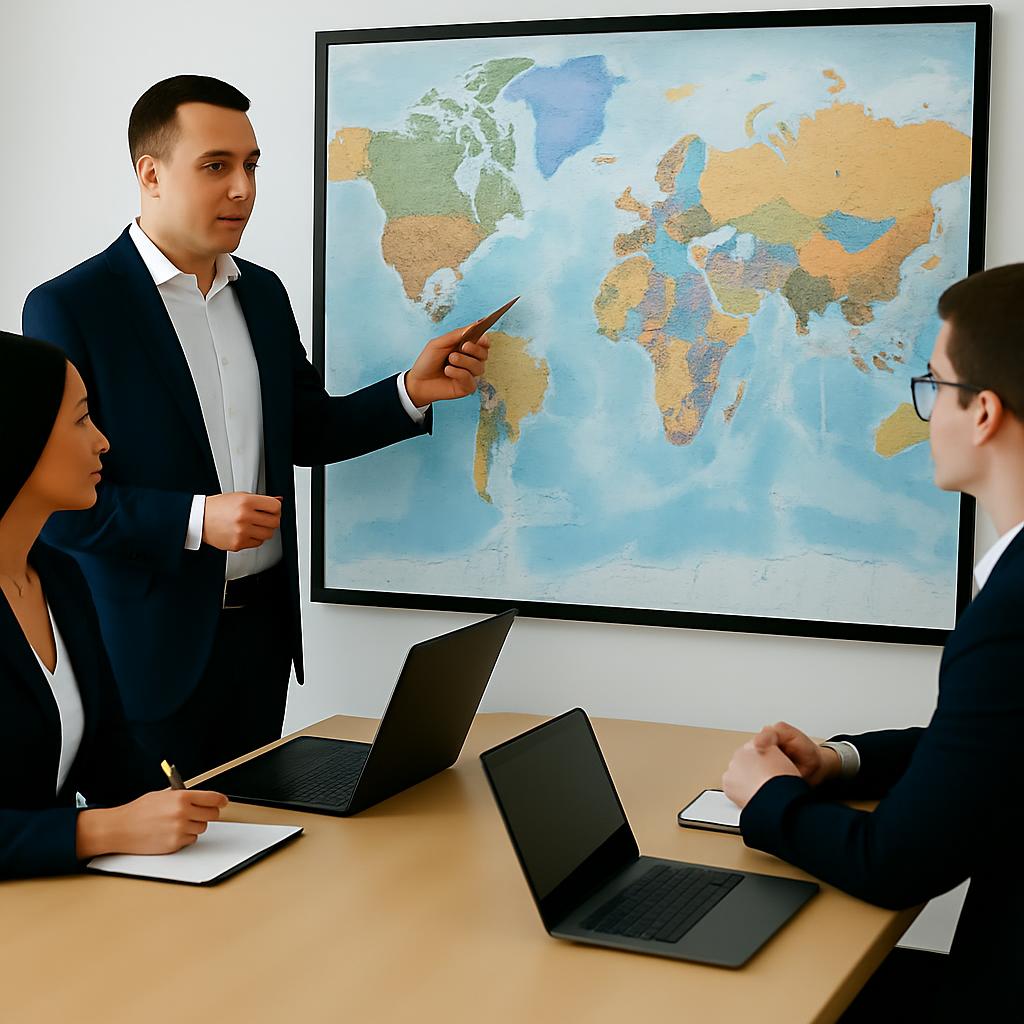 Three business people in front of a large map, looking like engaged in a conversation.