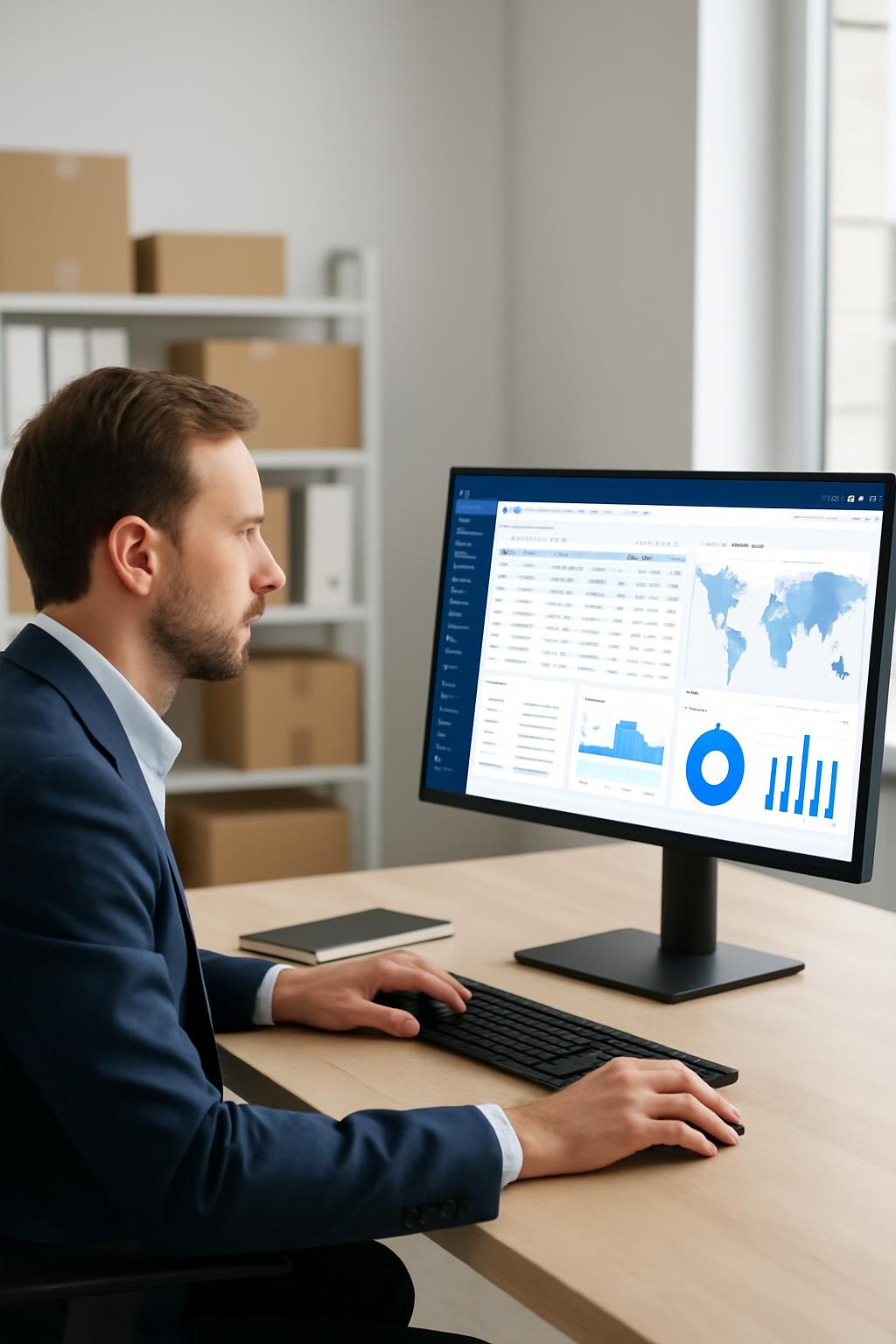 A man in a suit stares at a computer screen displaying a world map and bar graphs.