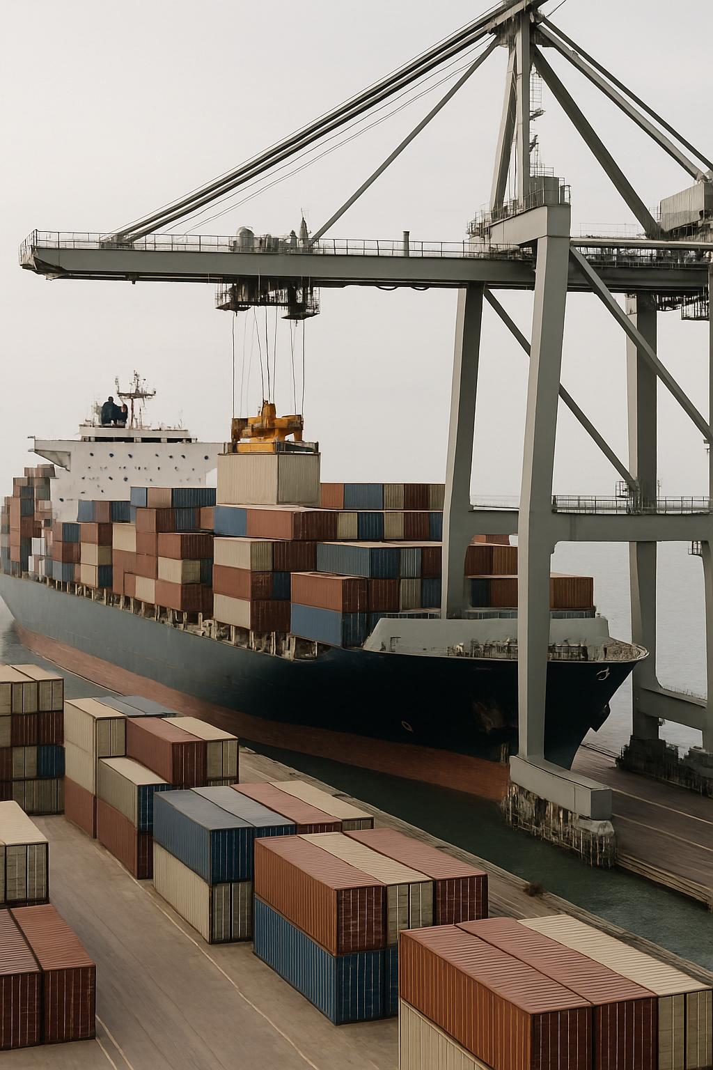 A large cargo ship with locking derricks, lined with containers and gentle waves adrift from the dock