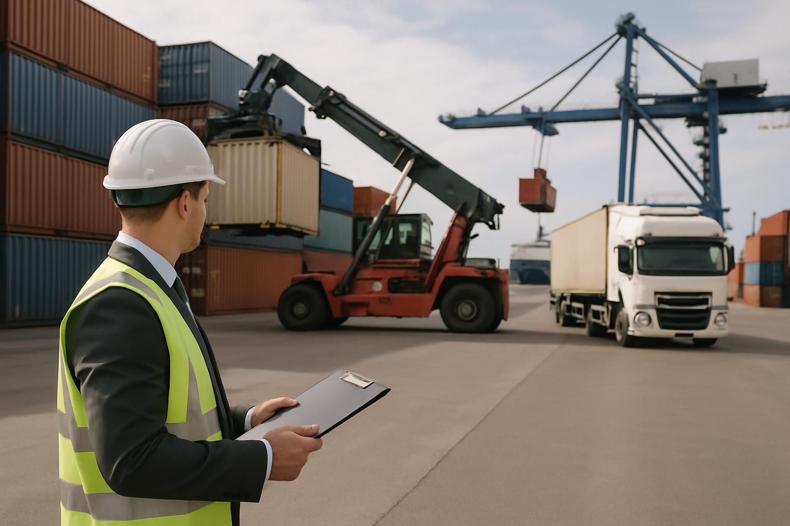 Person wearing a hard hat and safety vest is looking at what appears to be a manufacturing or shipping yard where a forkli...