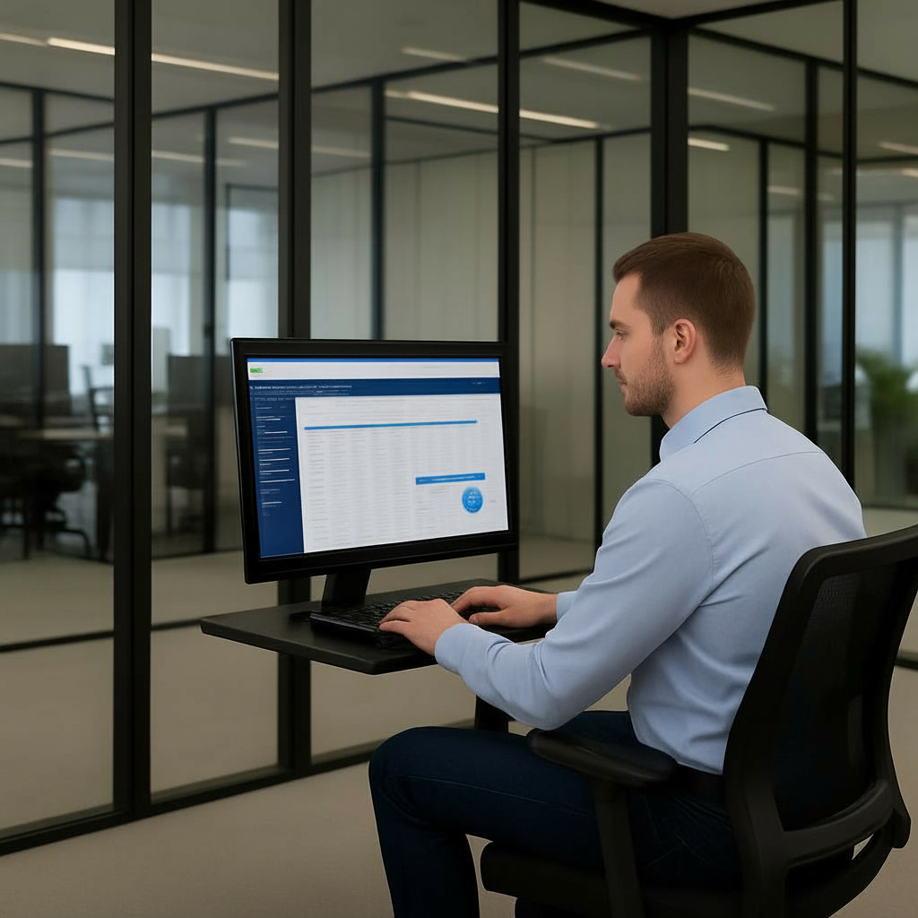 Create a more realistic, natural-looking version of the current business-themed photo, keeping the same composition, setting, and colors, but making the man's face and features look less artificial and more lifelike while preserving the professional look.